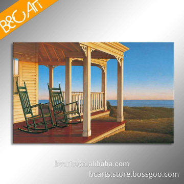 Wood house and green chair Ocean view bungalow seascape art painting